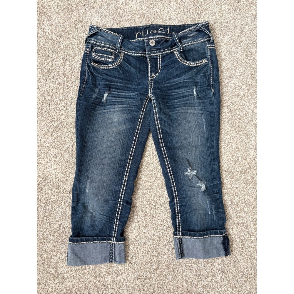 rue21 Womens Dark Wash Distressed Capri Jeans Y2K Size 0/1 Vintage 90's Grunge